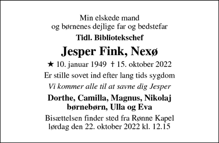 Dødsannoncen for Jesper Fink, Nexø - Nexø