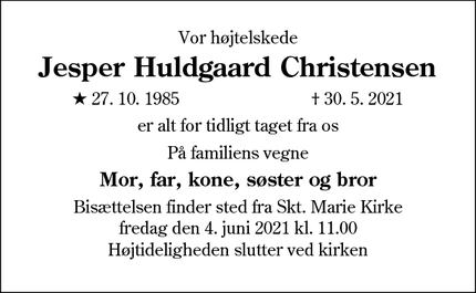 Dødsannoncen for Jesper Huldgaard Christensen - SØNDERBORG