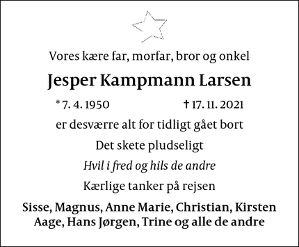 Dødsannoncen for Jesper Kampmann Larsen - Charlottenlund