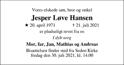 Dødsannoncen for Jesper Løve Hansen - odense