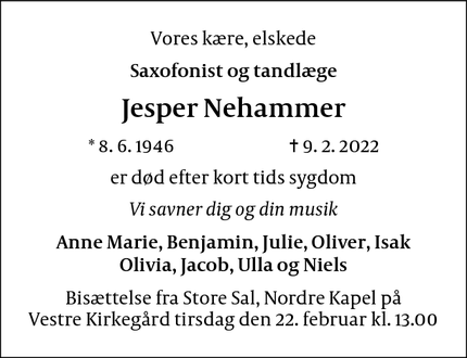 Dødsannoncen for Jesper Nehammer - Valby