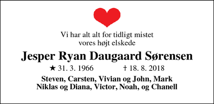 Dødsannoncen for Jesper Ryan Daugaard Sørensen - Frederiksværk