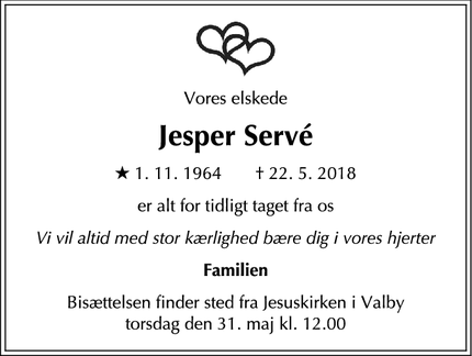 Dødsannoncen for Jesper Servé - Valby