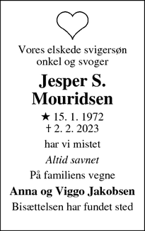 Dødsannoncen for Jesper S.
Mouridsen - Højbjerg