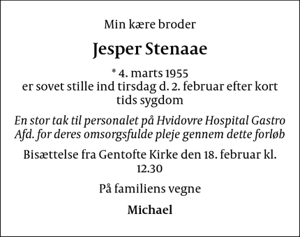 Dødsannoncen for Jesper Stenaae - Solrød Strand