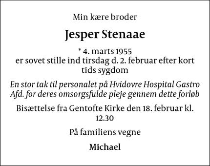 Dødsannoncen for Jesper Stenaae - Solrød Strand