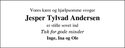 Dødsannoncen for Jesper Tylvad Andersen - Vejle