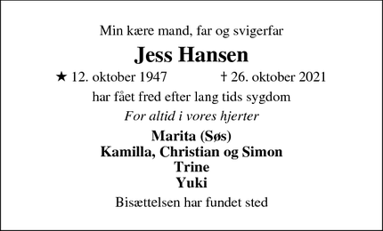 Dødsannoncen for Jess Hansen - Værløse