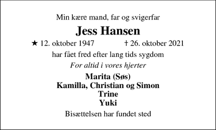 Dødsannoncen for Jess Hansen - Værløse