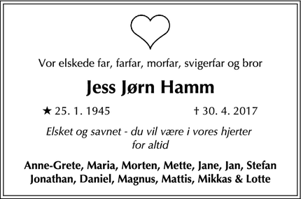 Dødsannoncen for Jess Jørn Hamm - Frederiksberg
