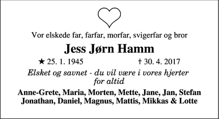 Dødsannoncen for Jess Jørn Hamm - Frederiksberg