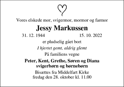 Dødsannoncen for Jessy Markussen - Middelfart