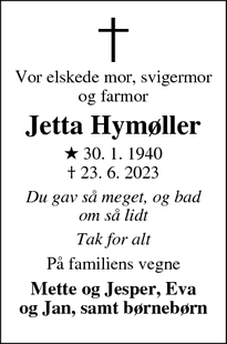 Dødsannoncen for Jetta Hymøller - Horsens