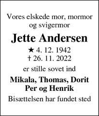 Dødsannoncen for Jette Andersen - Hillerød
