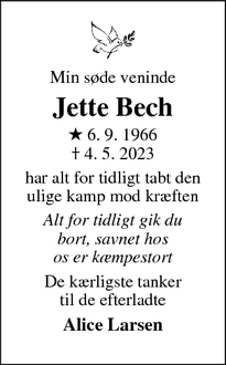 Dødsannoncen for Jette Bech - Tarm