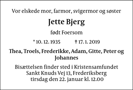 Dødsannoncen for Jette Bjerg - Farum