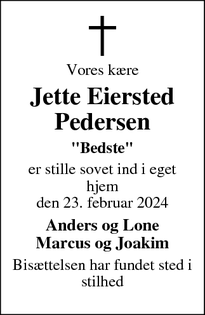Dødsannoncen for Jette Eiersted
Pedersen - Sejling ved Silkeborg