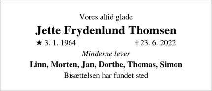 Dødsannoncen for Jette Frydenlund Thomsen - Silkeborg