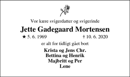 Dødsannoncen for Jette Gadegaard Mortensen - 6920 Videbæk
