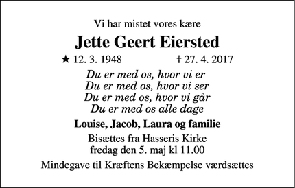 Dødsannoncen for Jette Geert Eiersted - Aalborg