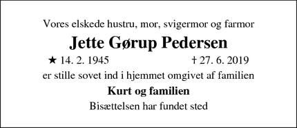 Dødsannoncen for Jette Gørup Pedersen - Rue Hed