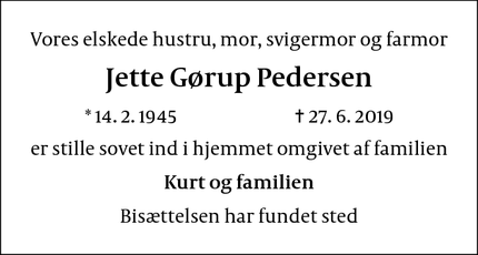 Dødsannoncen for Jette Gørup Pedersen - Rue Hed