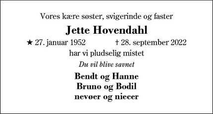 Dødsannoncen for Jette Hovendahl - Ikast