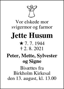Dødsannoncen for Jette Husum - Herlev