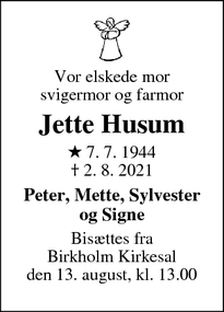 Dødsannoncen for Jette Husum - Herlev