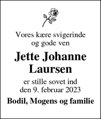 Dødsannoncen for Jette Johanne Laursen - Silkeborg