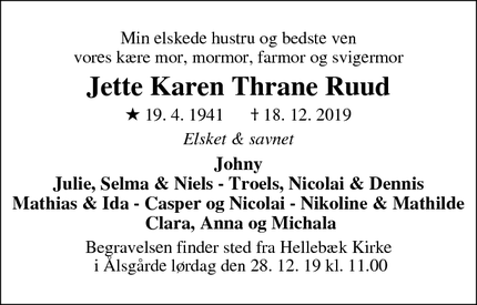 Dødsannoncen for Jette Karen Thrane Ruud - Ålsgårde