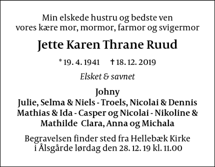 Dødsannoncen for Jette Karen Thrane Ruud - Ålsgårde