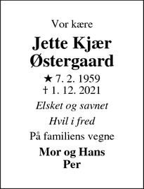 Dødsannoncen for Jette Kjær Østergaard - Randers NV