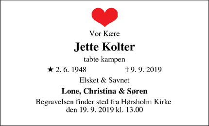 Dødsannoncen for Jette Kolter - Lynge