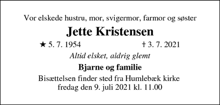 Dødsannoncen for Jette Kristensen - Humlebæk