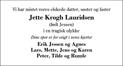 Dødsannoncen for Jette Krogh Lauridsen - Bethesda