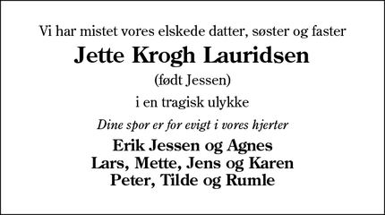 Dødsannoncen for Jette Krogh Lauridsen - Bethesda