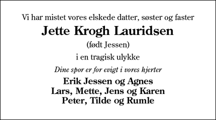 Dødsannoncen for Jette Krogh Lauridsen - Bethesda