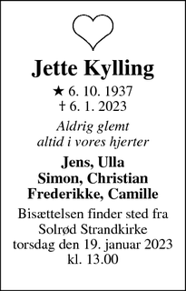 Dødsannoncen for Jette Kylling - Solrød/Køge