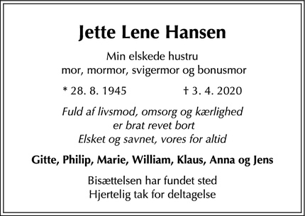 Dødsannoncen for Jette Lene Hansen - Vanløse