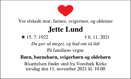 Dødsannoncen for Jette Lund - Silkeborg