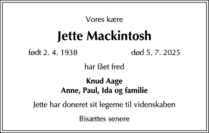 Dødsannoncen for Jette Mackintosh - Birkerød