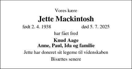 Dødsannoncen for Jette Mackintosh - Birkerød