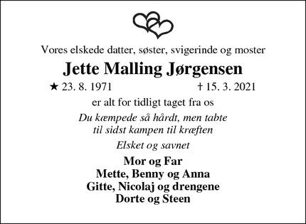 Dødsannoncen for Jette Malling Jørgensen - Thurø