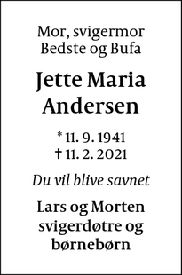 Dødsannoncen for Jette Maria
Andersen - Fredensborg 