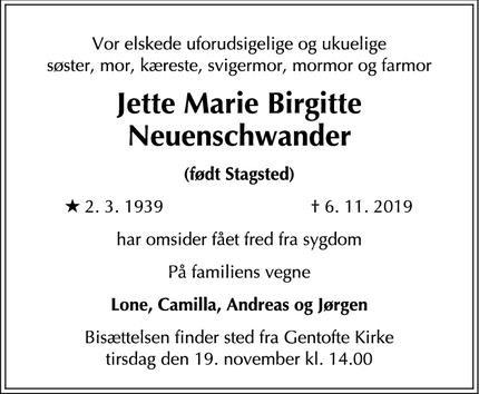 Dødsannoncen for Jette Marie Birgitte
Neuenschwander - Gentofte