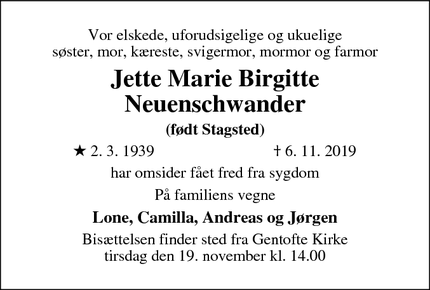 Dødsannoncen for Jette Marie Birgitte
Neuenschwander - Gentofte