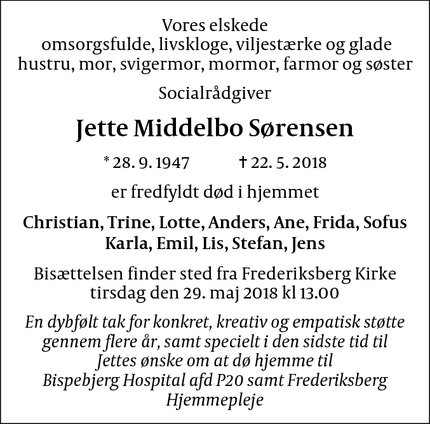 Dødsannoncen for Jette Middelbo Sørensen - Frederiksberg C