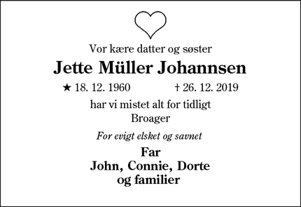 Dødsannoncen for Jette Müller Johannsen - Broager
