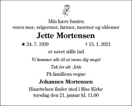 Dødsannoncen for Jette Mortensen - Rødekro